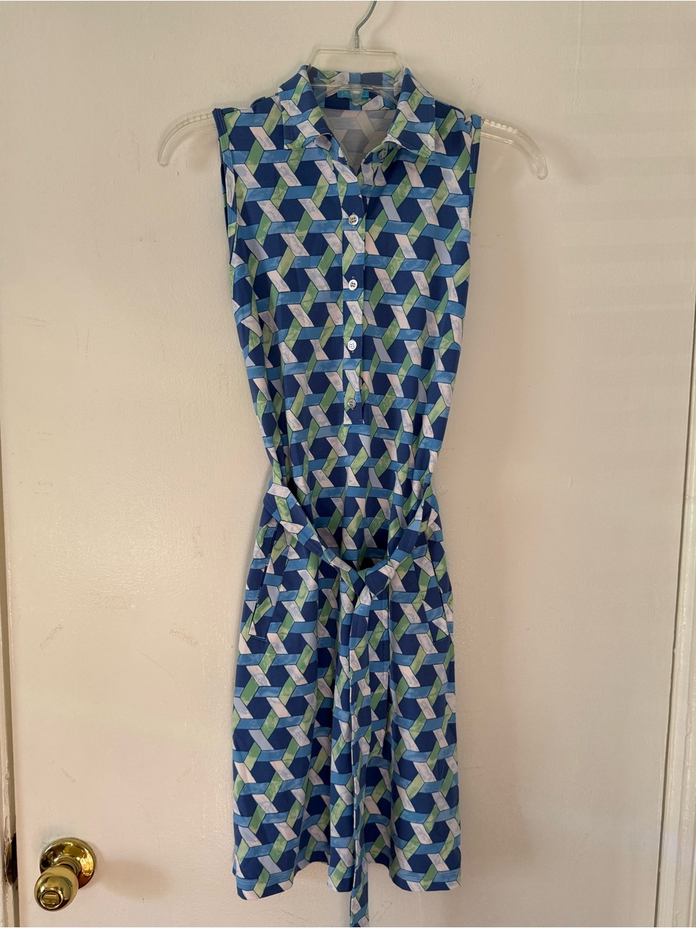 J McLaughlin Dolly Catalina Sleeveless Blue Geometric Shirt Dress with Tie Waist